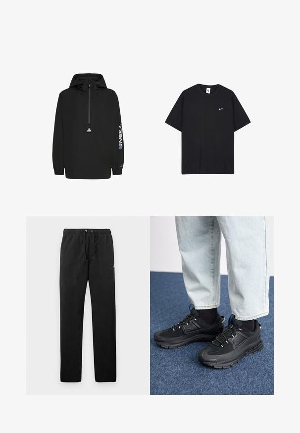 Chaleco negro con capucha, media cremallera en la parte delantera, puños elásticos, logo de O'Neill en la manga y un logo triangular en el pecho.; Camiseta negra de Nike hecha de algodón, con un cuello redondo y mangas cortas. Incluye un pequeño logo blanco de Nike en el lado izquierdo del pecho.; Pantalones deportivos negros de felpa, con una cinturilla elástica con cordones, dos bolsillos delanteros y un pequeño logo en el muslo.; Zapatillas deportivas negras con tejido texturizado y suelas de goma, con cordones elásticos y un acento azul en el talón. Combinadas con pantalones de mezclilla claros.