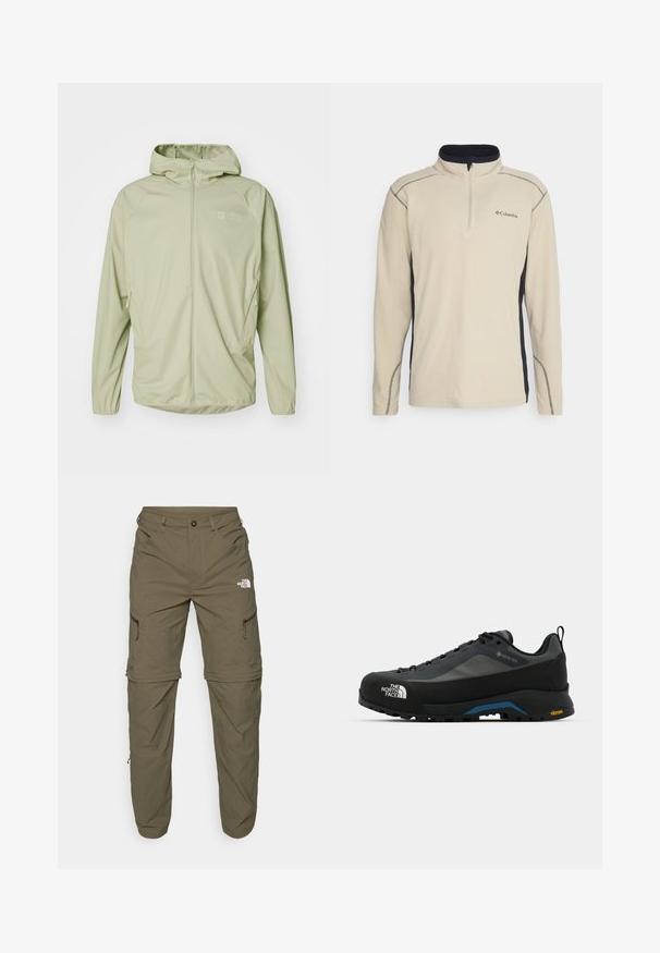 Veste zippée vert clair avec capuche, en matériau lisse, dotée de deux poches latérales et d'un petit logo sur la poitrine.; Pull léger en polaire beige avec un panneau latéral noir, fermeture éclair quart sur le devant et coutures contrastées. Il présente un petit logo sur la poitrine.; The North Face EXPLORATION TAPERED CONVERTIBLE - Pantalons outdoor - new taupe green; The North Face VERTO ALPINE GORE TEX - Chaussures de marche - asphalt grey/tnf black