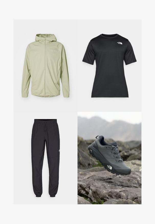 Light green zip-up jacket with a hood, made of smooth material, featuring two side pockets and a small logo on the chest.; Black short-sleeve t-shirt made of lightweight, moisture-wicking fabric. Features a white logo on the left chest and a crew neckline.; Black athletic pants made from lightweight fabric, featuring a drawstring waistband, side pockets, and tapered cuffs at the ankles.; Grey trail running shoe with a textured upper, durable rubber sole, and reinforced toe cap. Features laces and brand logo on the side.