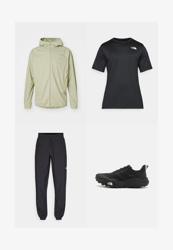 Light green zip-up jacket with a hood, made of smooth material, featuring two side pockets and a small logo on the chest.; Black short-sleeve t-shirt made of lightweight, moisture-wicking fabric. Features a white logo on the left chest and a crew neckline.; Black athletic pants made from lightweight fabric, featuring a drawstring waistband, side pockets, and tapered cuffs at the ankles.; Black trail running shoe with a textured upper, rubber sole, and reinforced toe cap. Features a padded collar and pull tab for easy wear.