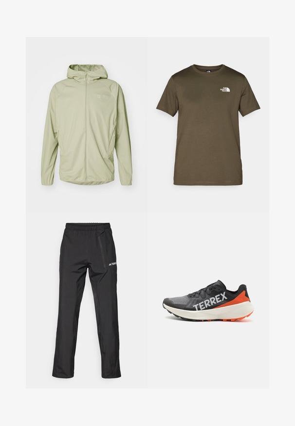 Lichtgroene zip-up jas met capuchon, gemaakt van een gladde stof, voorzien van twee zijzakken en een klein logo op de borst.; Olijfgroene katoenen T-shirt met korte mouwen, ronde hals en een wit logo op de linkerkant van de borst. Glad stofoppervlak, normale pasvorm.; Zwarte, lichtgewicht outdoorbroek met elastische tailleband, ritssluitingen in de zakken en een gedrukt logo. Gladde textuur en rechte pijpen.; Zwart en grijs sportieve schoen met een ademende mesh bovenkant, prominente "TERREX" logo, rode accenten en een gestructureerde rubberen zool.