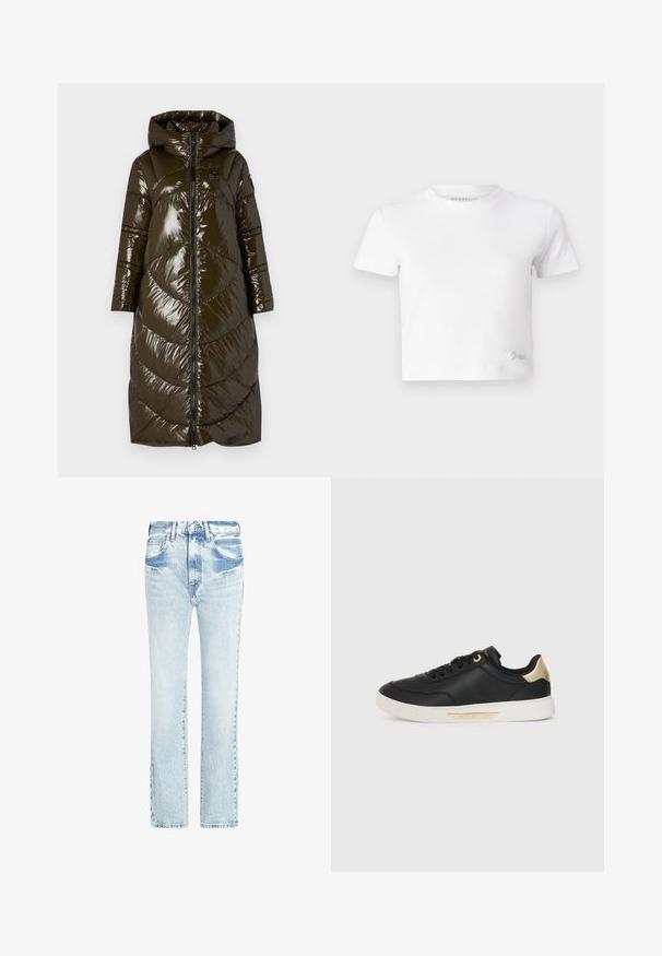 Blauer KERNA - Zimski plašč - verde pigna; Bela skrajšana majica iz gladkega bombaža, z visokim ovratnikom in kratkimi rokavi. Majhen vezen logotip v spodnjem kotu.; Svijetloplave traperice ravnog kroja, s pet džepova i izbljeđenom teksturom. Imaju vidljive šavove i klasično kopčanje na dugme.; Črne usnjene teniske z gladko teksturo, bele gumijaste podplate, zlatimi detajli na peti in očesci ter logotipom na strani.