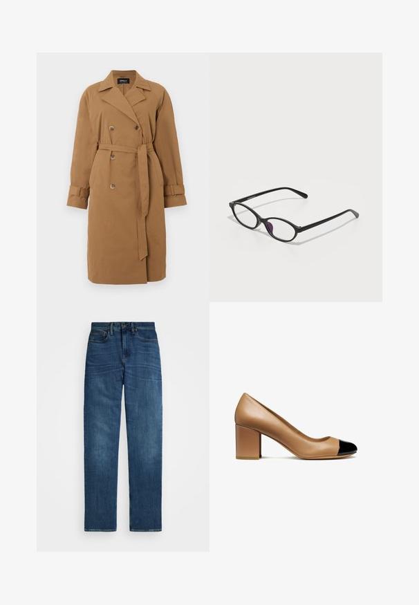 Brauner Trenchcoat aus Stoff, mit einem doppelt geknöpften Design, eingeschlapptem Kragen, seitlichen Taschen und einem Gürtel, der in der Taille gebunden ist.; V-Ausschnitt-Pullover in Hellbraun, aus weichem Material gefertigt. Mit gerippten Bündchen und Saum, lässiger Passform und langen Ärmeln.; Weiße Bluse mit langen Ärmeln, klassischem Kragen, vorderer Knopfleiste und gerafftem Seitendetail. Glattes Material mit taillierter Form.; Dunkelblaue Denim-Jeans mit geradem Schnitt, Ein-Knopf-Verschluss und standardmäßigen Gürtelschlaufen. Sie weisen dezente Ausbleichungen und ein klassisches Five-Pocket-Design auf.; Beige Lederpumps mit runder Spitze und schwarzem Lackkappen, ausgestattet mit einem Blockabsatz und glatter Textur.; Schwarze Kunststoffbrille mit ovaler Form, ausgestattet mit klaren Gläsern und einem lila Akzent auf dem linken Glas. Elegantes, minimalistisches Design.; Hobo-Tasche aus tiefrotem, genarbtem Leder, mit einem goldenen Reißverschluss, verstellbarem Schultergurt und dezentem Logo-Akzent an der Basis.