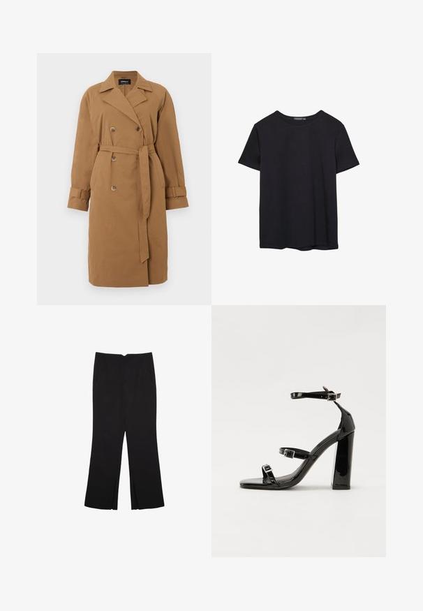 Brun trenchcoat lavet af stof, med en dobbeltradet design, skrå krave, sidelommer og et bælte der er bundet i taljen.; Simpel sort kortærmet bomulds T-shirt med rund hals, præsenteret på en hvid baggrund.; Sorte bukser med lige pasform, der har frontlommer og slidser i kanten. Lavet af blødt, glat stof. Velegnet til forskellige anledninger.; Sorte patenterede hælsandaler med firkantet tå, ankelremme og sølvspænder. Har en chunky blokHæl for stabilitet.