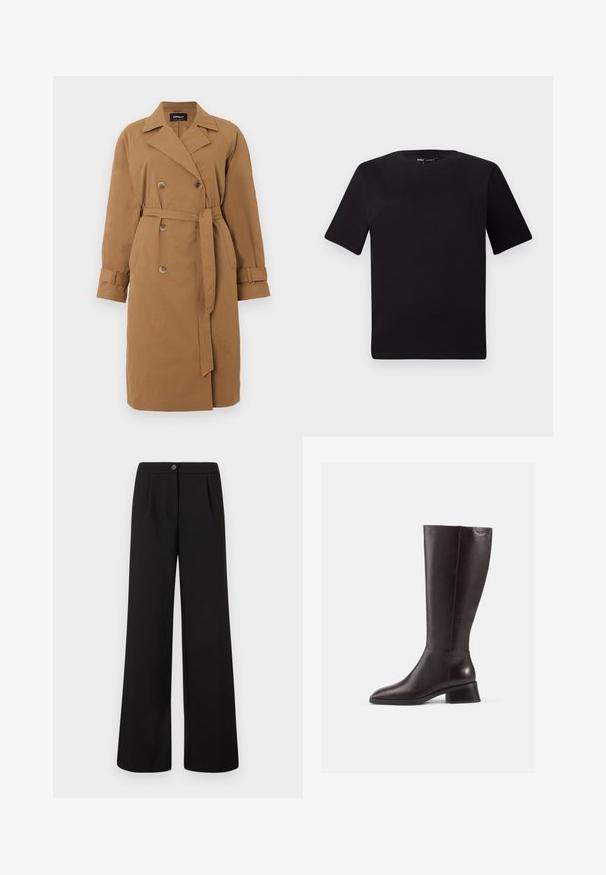 Brown trench coat made of fabric, featuring a double-breasted design, notched collar, side pockets, and a belt tied at the waist.; Black short-sleeve t-shirt with a round neckline, crafted from soft cotton fabric. Simple design, no visible logos or patterns.; Black high-waist wide-leg trousers with front button and zipper closure, featuring subtle pleats below the waistband.; Knee-high brown leather boots with a smooth finish, rounded toe, and a stacked black heel. Simple design with minimal hardware details.