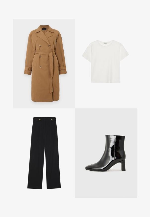 Rjav plašč iz tkanine, z dvojno zapenjanje, zarezan ovratnik, stranska žepa in pas, vezan okoli pasu.; Bela kratkotrajna majica s kratkimi rokavi, narejena iz mehke bombažne tkanine. Ima okroglo ovratnico in sproščen kroj. Čist dizajn brez vidnih vzorcev ali akcentov.; Črne široke hlače s visokim pasom, gumbnimi detajli na pasu in sprednjimi gubami.; Črne lakirane gležnjarje z ošiljenim nosom in srednje visokim blokastim peto. Gladka tekstura in minimalističen dizajn.