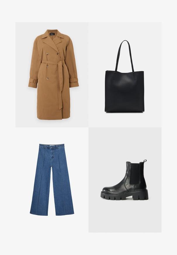 Cappotto trench marrone in tessuto, caratterizzato da un design doppiopetto, colletto a punte, tasche laterali e una cintura legata in vita.; T-shirt in cotone nero con vestibilità rilassata, maniche corte, scollatura arrotondata e una texture liscia. Nessuna trama o accento visibile.; Jeans in denim a gamba larga di blu medio, con vita alta, chiusura con bottone e dettagli delle cuciture verticali a contrasto lungo la parte anteriore.; Stivale alla caviglia in pelle nera con pannelli elastici laterali, suola spessa a rilievo e linguetta, su sfondo grigio chiaro, vista laterale.; Borsa tote in pelle nera con texture liscia, forma rettangolare e due manici lunghi. Nessun hardware o decorazione visibile.