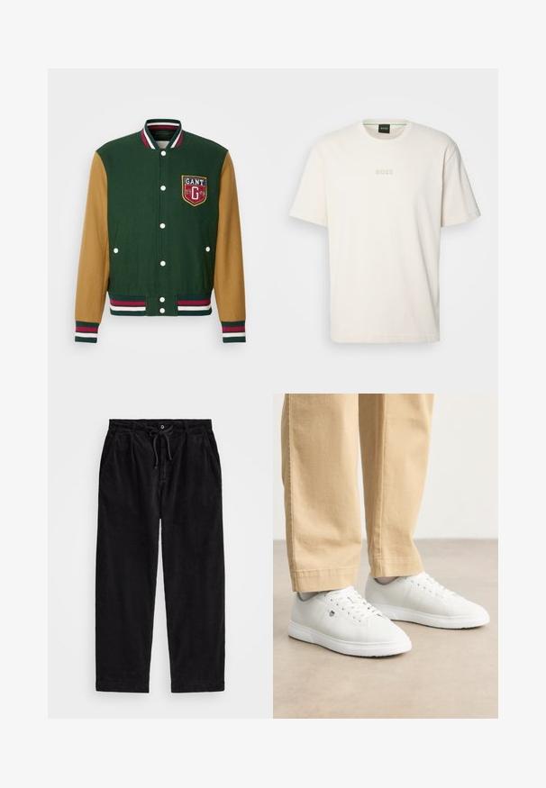 Žalias ir smėlio spalvos varsity švarkas su baltais mygtukais, įlinkta apykakle ir dryžuotais rankogaliais. Ant krūtinės išsiuvinėtas GANT logotipas.; BOSS TEE - Paprasti marškinėliai - open white; Juodo kanapinio audinio kelnių modelis, turintis laisvą siluetą, su elastingu juosmeniu ir raiščiu, bei šoninėmis kišenėmis. Audinys turi išilginę tekstūrą.; Baltos odinės sportbačiai su lygia apdaila, su apvalia nosimi, nėriniais ir subtiliu logotipo detaliu šone, derinami su béžinėmis kelnėmis.