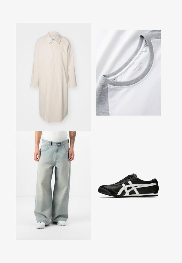 Ljusbeige knälång kappa i bomull med en avslappnad passform, som har krage, stora knappstängningar och sidofickor.; Kortärmad T-shirt med vit kropp och grå raglanärmar. Rund halsringning med en mjuk, slät textur. Varumärkesetikett synlig.; Vit tanktopp, ljusblå vida jeans med en blekt effekt, vita sneakers och en svart keps. Modellen står med händerna i fickorna.; Svart läder sneaker med vita accenter, låg profil, rund tå och texturerad gummisula. Har snörningar och sidologga.