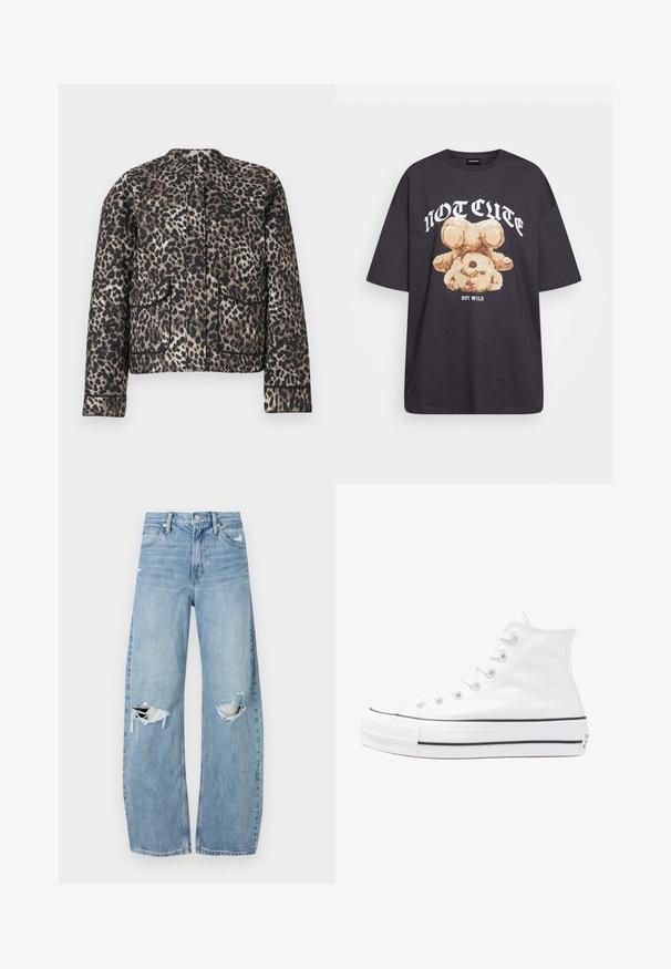 Jakna z leopardjim vzorcem v odtenkih rjave in črne. Ima okrogel ovratnik, dve sprednji žepi in kontrastne obrobe ob robovih.; Črna oversized majica s kratkimi rokavi, na kateri je grafika medveda z besedilom „NI SRČKAN VKLJUČNO Z DIVJIM“ v poudarjenem belem tisku. Material: bombaž.; Svijetloplave traperice visoki struk. Imaju široke nogavice, dva poderana područja na koljenima i klasičan petotoksi stil.; Beli visoki platneni športni čevelj z črnim gumijastim podplatom, sprednjim gumijastim zaščitnikom za prste in šestimi luknjicami za vezalke, ki se ponaša s preprostim, minimalističnim dizajnom.
