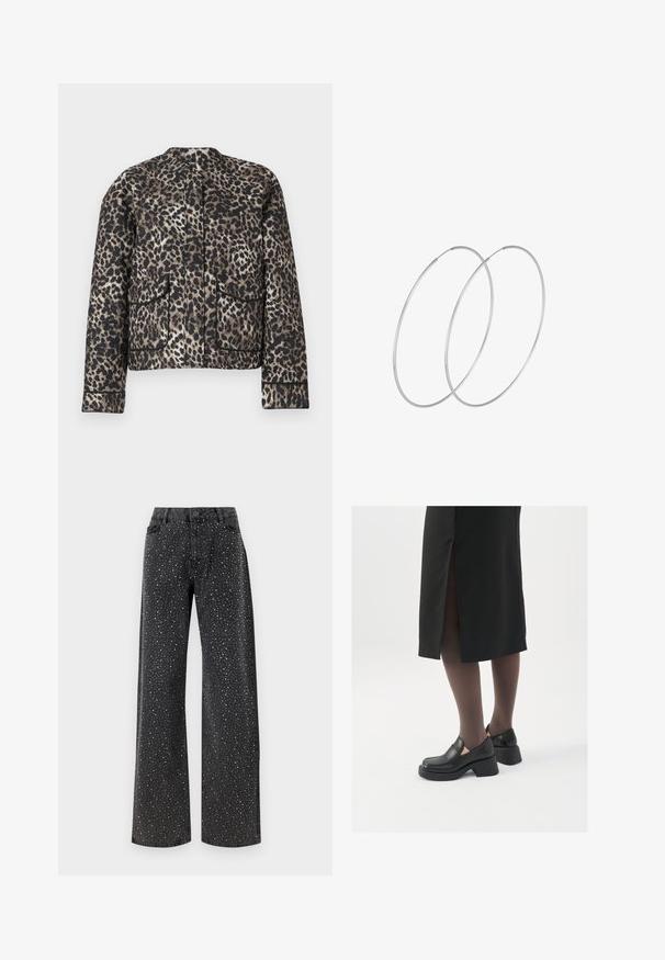 Leopardmönstrad jacka i nyanser av brunt och svart. Den har en rund halsringning, två framfickor och kontrasterande kant runt kanterna.; Svart bodysuit med långa ärmar, med en mesh V-ringning och skräddarsydd axeldetalj. Slät tyg med en kroppsnära passform.; Noisy May NMJANNEL LOOSE - Jeans relaxed fit - black denim; Svarta läderskor med rund tå, tjock klack utan häl och elastiska sidodetaljer, kombinerat med mörka strumpbyxor och en svart kjol med slits.; Silverfärgade hoopörhängen med en minimalistisk design. Cirkulär form, slät yta och tunn profil. Lätta med en polerad finish.