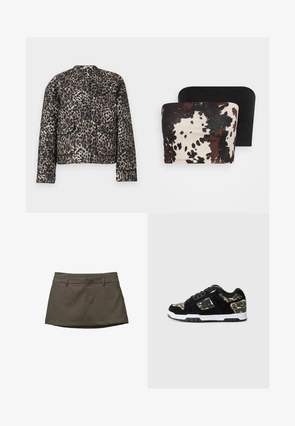 Jas met luipaardprint in bruin- en zwarttonen. Heeft een ronde halslijn, twee voorzakken en contrasterende afwerking langs de randen.; Twee strapless tops: de ene heeft een abstract dierenprint in bruin en crèmekleur, terwijl de andere volledig zwart is. Beide zijn gemaakt van zacht materiaal.; Bruine rok met een getailleerd ontwerp, voorzien van riemlusjes, twee voorzakken en een gestructureerde stof. De zoom is iets gebogen.; Zwarte suède sneaker met een camouflagemotief aan de zijkant, witte tussenzool en zwarte rubberen zool. Bevat veters en logo-details aan de zijkant.