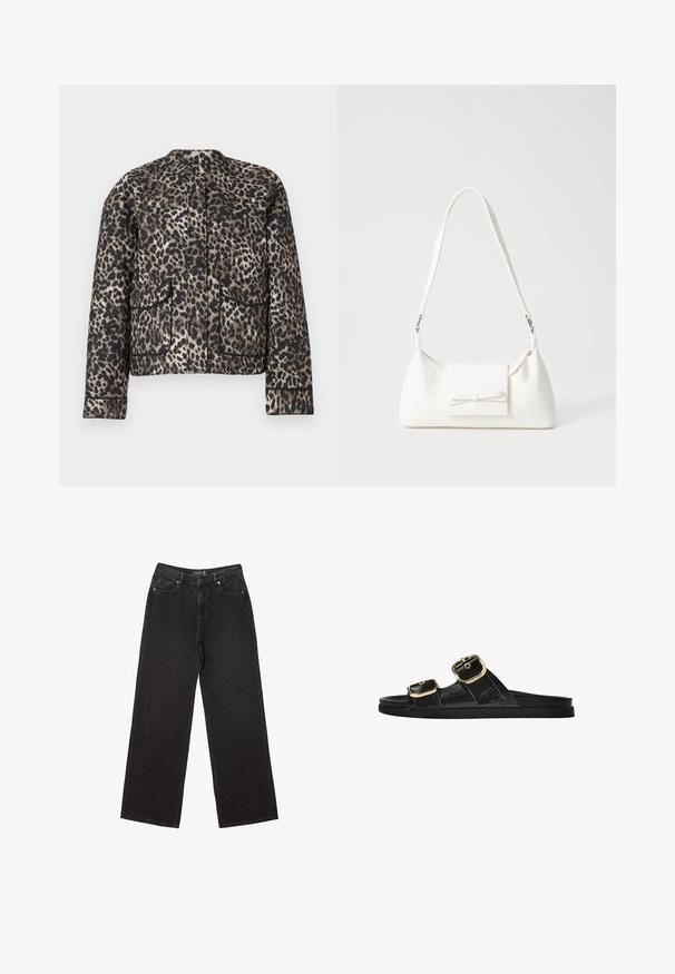 Veste imprimée léopard dans des tons de marron et de noir. Présente un col rond, deux poches avant et un liseré contrasté le long des bords.; T-shirt marron à manches courtes en tissu lisse, avec un col rond et une coupe régulière, sans motifs ni accents supplémentaires.; Jean noir à jambe large en denim, ornés de petits motifs à pois, avec un design classique à cinq poches et une fermeture à bouton et zip.; Sandale noire à glissière avec deux accents de boucle en or, en matériau lisse, semelle plate et design minimaliste.; Sac à main synthétique blanc en forme triangulaire, avec un rabat avant plat et un détail en nœud, une bandoulière ajustable, une texture lisse et un design minimaliste.
