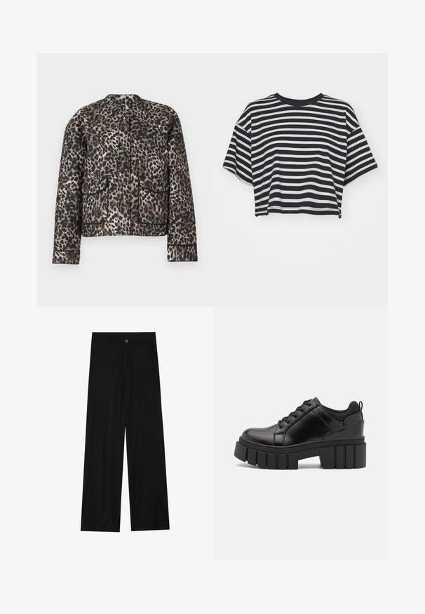 Veste imprimée léopard dans des tons de marron et de noir. Présente un col rond, deux poches avant et un liseré contrasté le long des bords.; T-shirt cropped à rayures en bleu marine et blanc. Manches courtes, encolure ronde, tissu doux avec des rayures horizontales et une coupe décontractée.; Pantalons noirs à jambes larges en tissu lisse, avec poches avant et fermeture à bouton à la taille. Design minimaliste sans motifs.; Chaussures à plateforme en cuir noir avec un talon bloc épais, bout rond et un design traditionnel à lacets. Elles présentent une texture lisse et un détail minimal.