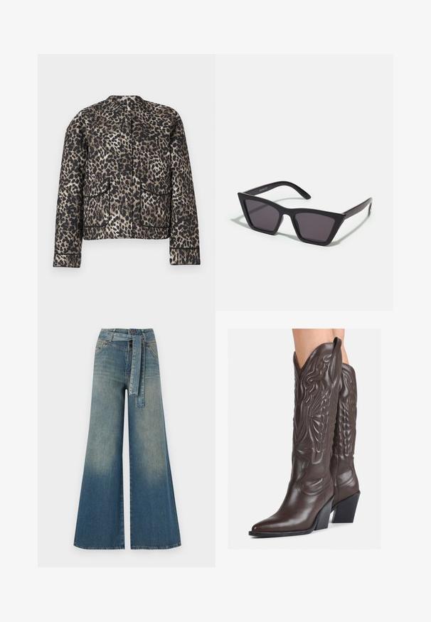 Leopardenmuster-Jacke in Brauntönen und Schwarz. Verfügt über einen runden Ausschnitt, zwei Vordertaschen und kontrastierende Besätze entlang der Kanten.; Weißes ärmelloses Tanktop aus geripptem Stoff, mit rundem Ausschnitt und figurbetonter Silhouette, minimalen Nähten und ohne Verzierungen.; Weit geschnittene Denim-Hosen mit einem Farbverlauf von hellblau zu dunkelblau, hoher Taille, Gürtelschlaufen und einem passenden Stoffgürtel. Strukturierte Denim-Oberfläche.; Braune Leder-Cowboy-Stiefel mit spitzem Punkt und Blockabsatz, die über detaillierte Stickereien und hervorgehobene Akzente am Schaft verfügen.; Schwarze, eckige Sonnenbrille mit grauen Gläsern; aus Kunststoff gefertigt, mit dicken Bügeln, die eine glatte Oberfläche und keine sichtbaren Beschläge haben.; Kleine cremefarbene Handtasche mit strukturiertem Finish, einem langen verstellbaren Tragegurt, einem Kettenakzent und einem Klappenverschluss. Goldene Hardware-Details.; Goldene Creolen mit einer glatten, glänzenden Oberfläche. Zirkuläres Design mit einem kleinen Stecker und einer klaren Rückseite für einen sicheren Sitz.