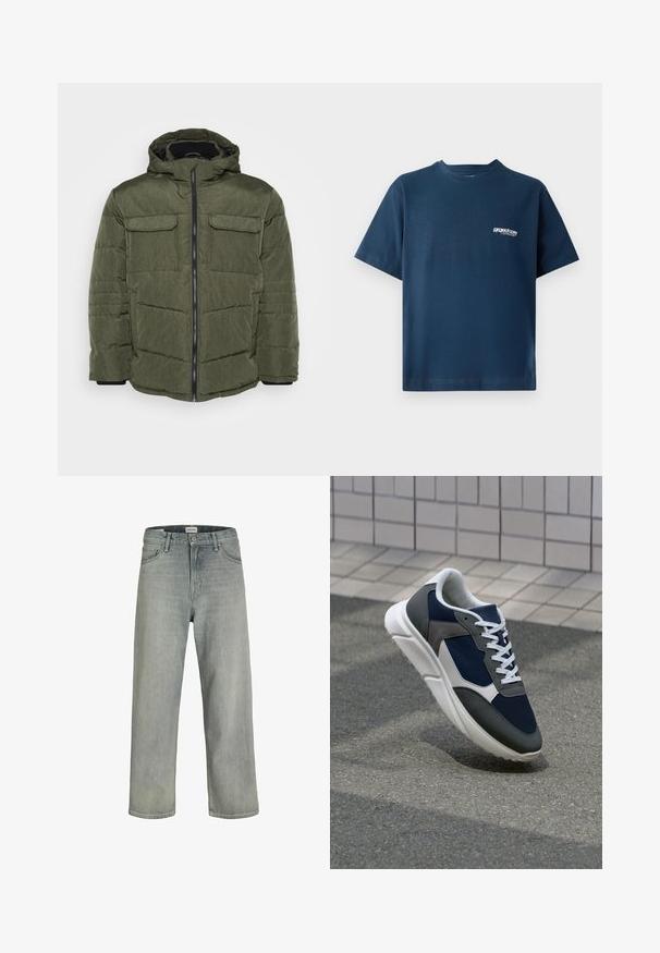 Jack & Jones JJBUILD PUFFER JACKET - Talvejope - rosin melange; Tumed sinine puuvillane t-särk lühikeste varrukatega ja ümmarguse kaelusega. Vasakul rinnal on väike valge logo. Pehme tekstuur.; Heledad hallhallid, laia lõikega denimist teksased. Omavad klassikalist viie tasku disaini, vööloopse ja sirget säärelõiget.; Sneaker, mille sinine võrkkangas, hallid nubukdetailid, valge kummitald ja lamedad valged paelad, disainitud mugavuseks ja hingavuseks.