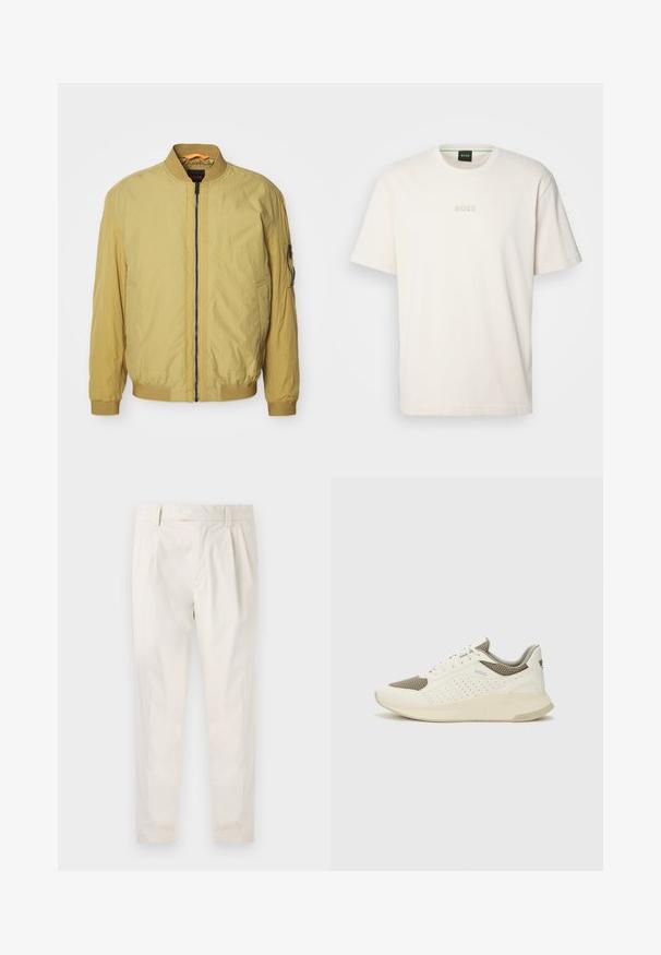 Casaco bomber amarelo com fecho de zip, gola e punhos canelados, bolsos laterais e um bolso adicional na manga. Textura suave.; BOSS TEE - T-shirt básica - open white; Calças brancas pregueadas com um corte ajustado, apresentando uma textura suave, passantes de cinto e pernas afuniladas. Sem bolsos visíveis ou padrões.; Sapatilha atlética branca e bege claro, com parte superior em malha, detalhes perfurados e uma entressola texturizada com marcação no calcanhar.