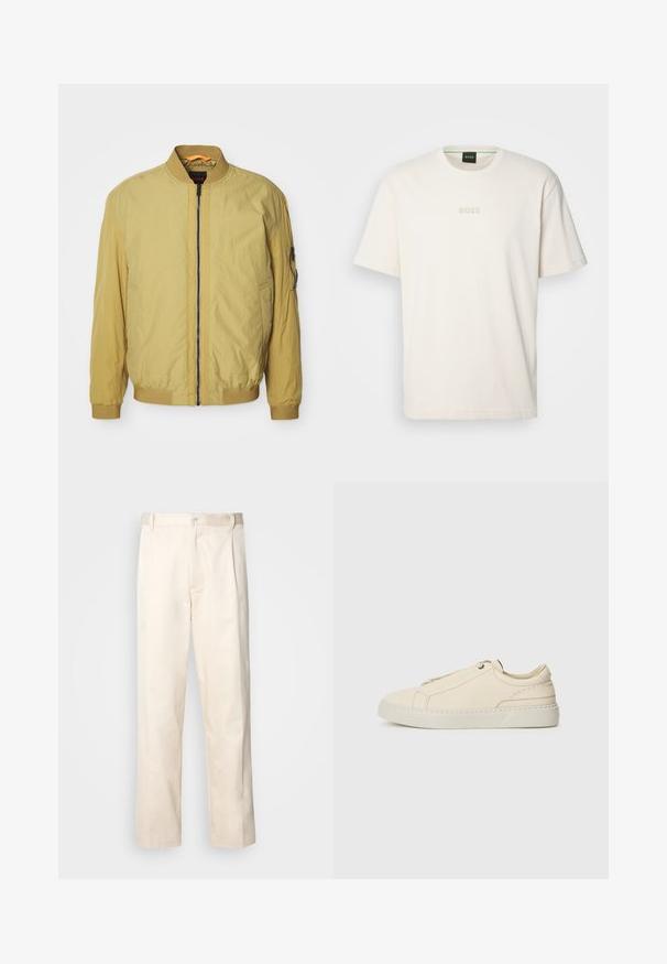 Rumena bomber jakna z zadrgo, rebrastim ovratnikom in manšetami, stranskimi žepi ter dodatnim žepom na rokavu. Gladka tekstura.; BOSS TEE - Navadna majica - open white; Bež cottone hlače s ravnim krojem, ki imajo gumbasto zapiranje in nabore spredaj za dodatne detajle.; Bež usnjeni športni copat s zaobljenim nosom, minimalistična zasnova, subtilne šivane podrobnosti in teksturirana zgornja stran, na svetlem podplatu.