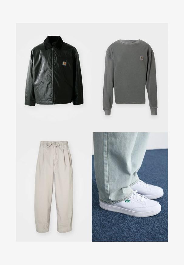 Must mustaga, läikiva materjaliga musta värvi jakk. Omab kordonilõikega kraed, kahte esikäe taskut ja väikest logo sildi rinnal.; Hallhunnik, halli pikad varrukad, ümar kaelus, millel on ribakujundus. Vasakul rinnal on väike ruudukujuline logo ja ribakujundusega varrukate otsad.; Beeži, kerged püksid elastse vöökoha ja nööriga. Omavad voldikuid ja laia istuvust, valmistatud pehmest, siledast kangast.; Valged nahast tennisetossud rohelise Nike logo ja ümarate varvastega, lamedate taldadega, koos helesiniste teksapükstega, esitatud sinisel vaibal.