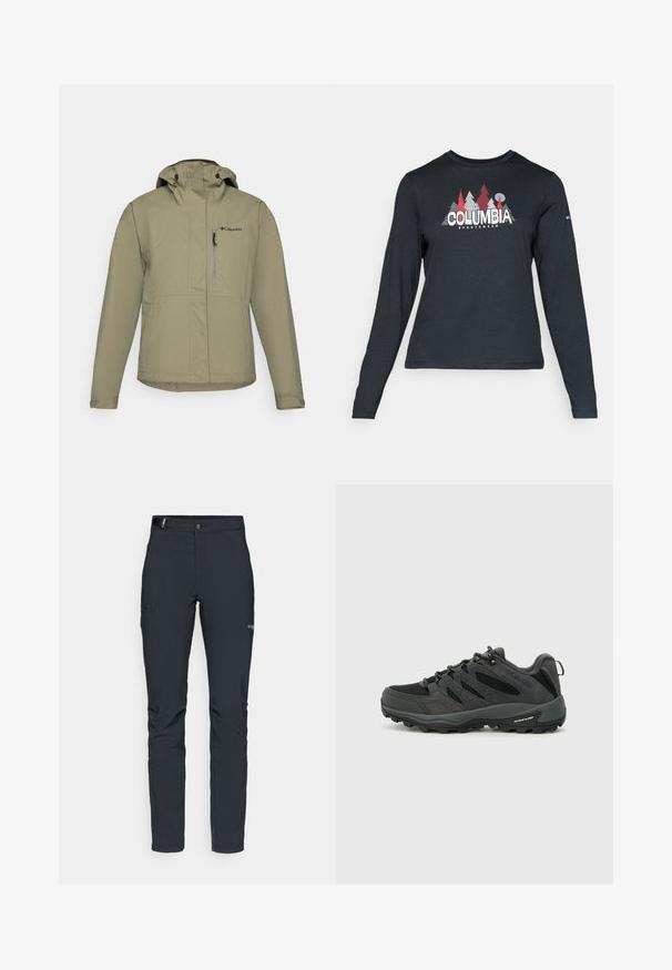Beige vattentät jacka med huva, med dragkedja fram, justerbara ärmslut och bröstfack. Tillverkad av lätt och hållbart material.; Långärmad mörkgrå tröja med grafik av röda träd och berg; "COLUMBIA"-logotyp i fet vit text. Mjukt tyg, standard rund hals.; Herrernas utomhusbyxor, mörkgrå, tillverkade av flexibelt material, med ett bälte, zip-fickor och förstärkt sömnad.; Columbia REDMOND - Hikingskor - black/citron haze