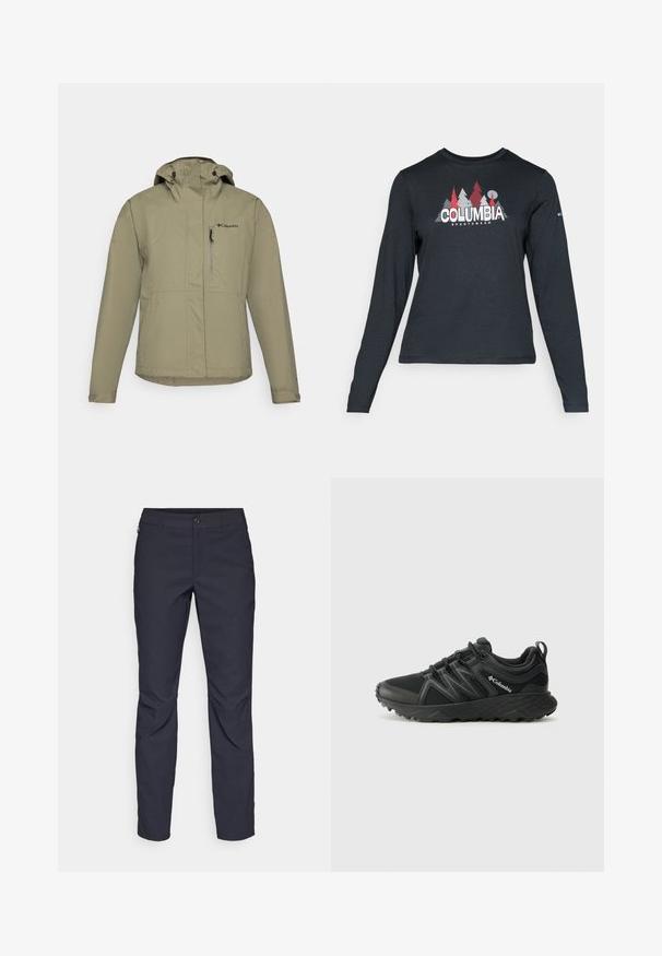 Veste imperméable beige avec capuche, dotée d'une fermeture à glissière à l'avant, de poignets ajustables et d'une poche poitrine. Fabriquée en tissu léger et durable.; Chemise à manches longues gris foncé avec un motif d'arbres rouges et de montagnes ; logo "COLUMBIA" en lettres blanches en gras. Tissu doux, col rond standard.; Pantalons bleu marine en tissu lisse, dotés d'une fermeture par bouton à l'avant, d'un design ajusté et de détails pliés au niveau des genoux.; Columbia PEAKFREAK - Chaussures de marche - black