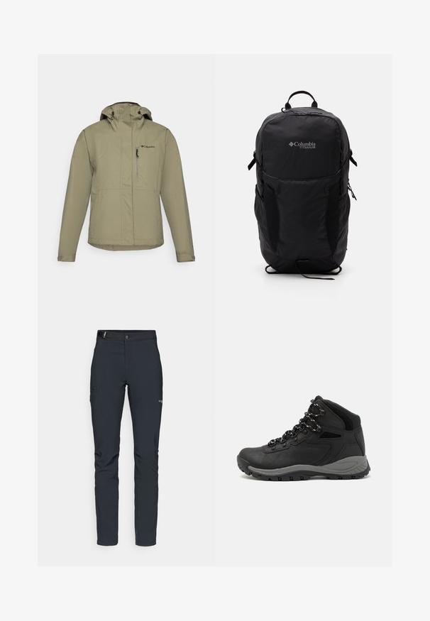 Beige vanntett jakke med hette, med frontglidelås, justerbare mansjetter og brystlomme. Laget av lett, slitesterkt stoff.; Svart Columbia t-skjorte med hvit sirkulær fjell- og elvlinjekunst og tekst "Columbia Sportswear Company Outside Since 1938."; Herre utendørsbukser, mørkegrå, laget av fleksibelt materiale, med belte, glidelåslommer og forsterkede sømmer.; Sorte turstøvler med mid-topp design, som har en teksturert overdel, grå detaljer og slitesterk gummisåle med godt grep.; Svart Columbia Titanium ryggsekk med en glatt stoffoverflate, sidelommer, topphåndtak og justerbare stropper. Minimalistisk design med subtil merkevare.
