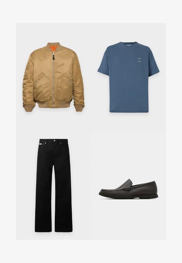 Tan bomber jacket with a smooth satin finish, ribbed cuffs and hem, two front pockets, and an orange lining. Features a zip closure.; Blue cotton t-shirt with a classic crew neck, short sleeves, relaxed fit, and two small printed logos on the chest. Smooth texture.; Black denim pants with a wide-leg design, featuring five pockets and metallic button hardware. Smooth texture, no visible patterns.; Dark brown leather loafers with a rounded toe, subtle stitching detail, and a low rubber sole. Smooth texture with a flexible fit.