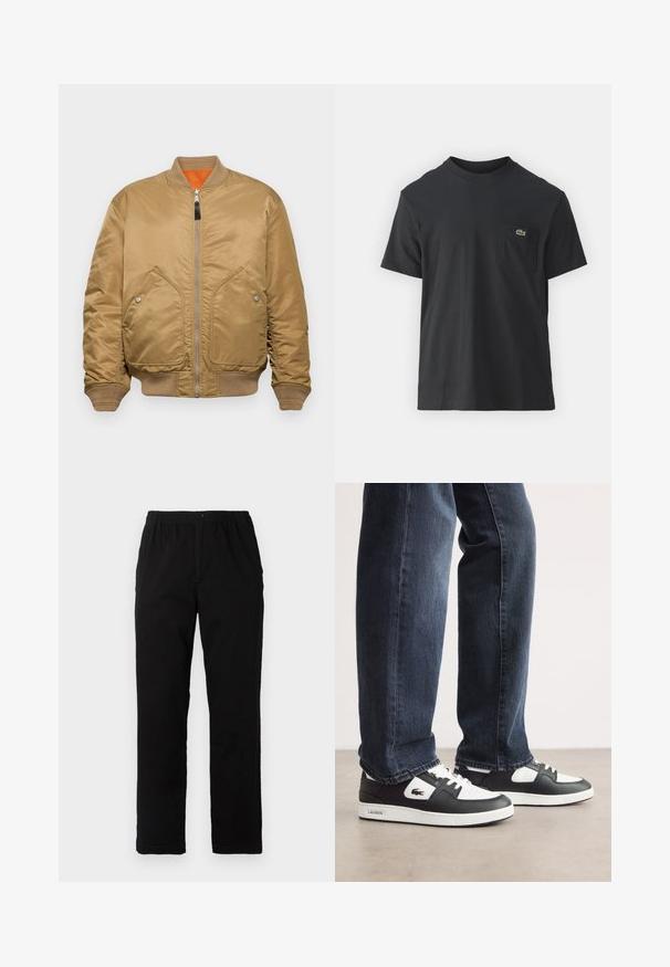 Jachetă bomber bej cu un finisaj satinat, manșete și tiv ribbed, două buzunare frontale și o căptușeală portocalie. Include un închidere cu fermoar.; Tricou din bumbac negru, cu mâneci scurte, decolteu rotund și un mic logo verde pe buzunarul stâng al pieptului. Design simplu, fit normal.; Pantaloni negri dintr-un material textil amestecat de bumbac, cu croială dreaptă, talie elastică cu nasture și fără modele sau accente vizibile.; Adidași Lacoste negri și albi cu un superior din piele texturată, având un design cu șireturi și o talpă din cauciuc alb. Purtați cu blugi închiși la culoare.