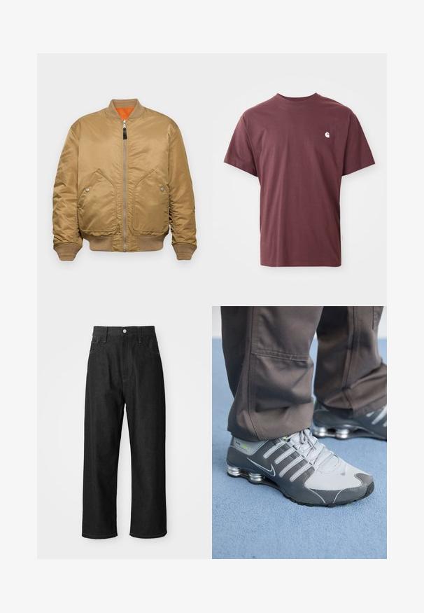 Καμηλό bomber jacket με λείο σατέν φινίρισμα, ριμπ μανσέτες και στρίφωμα, δύο μπροστινές τσέπες και πορτοκαλί επένδυση. Διαθέτει κλείσιμο με φερμουάρ.; Βουργουνδίζα βαμβακερή μπλούζα με κοντά μανίκια, στρογγυλή λαιμόκοψη και ένα μικρό λευκό λογότυπο στο αριστερό στήθος. Απαλή υφή, άνετη εφαρμογή.; Μαύρο τζιν παντελόνι με χαλαρή εφαρμογή, ψηλή μέση, κλείσιμο με φερμουάρ και σχέδιο πέντε τσεπών. Ορατές ραφές που τονίζουν το σύνολο.; Γκρίζα και ασημένια αθλητικά παπούτσια Nike Shox με κομψό σχεδιασμό, από πλέγμα και συνθετικά υλικά, στρογγυλή μύτη και επενδεδυμένο κολάρο.