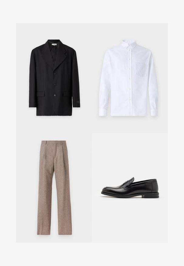 Czarna marynarka z klapami, pięcioma guzikami i dwiema przednimi kieszeniami. Dopasowany krój z gładką teksturą i subtelnym logo na rękawie.; Biała koszula z długim rękawem na guziki, wykonana z bawełny, z kieszonką na piersi z tonowym haftem, kołnierzykiem i zapięciem na guziki przy mankietach.; Brązowe, wysokiej talii spodnie wykonane z teksturowanej tkaniny. Posiadają szerokie nogawki i dwa przednie zakładki dla lepszej struktury. Starannie wykończone, bez widocznych elementów metalowych.; Czarne skórzane mokasyny o gładkiej fakturze, zaokrąglonym nosku i dekoracyjnym pasku na przodzie. Niski, warstwowy obcas, minimalistyczny design.