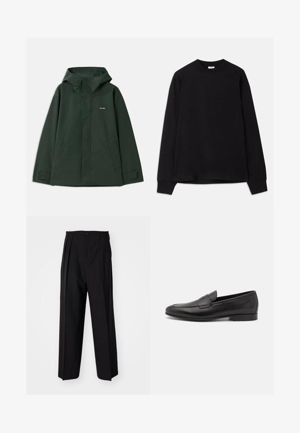 Green waterproof jacket with a hood, featuring a front zipper, two side pockets, and a small logo on the chest. Smooth texture.; Black long-sleeve t-shirt made of soft cotton. Features a round neckline, loose fit, and ribbed cuffs. No visible patterns or logos.; Black pleated trousers with a straight, wide-leg design. Made from smooth fabric, featuring a button closure and belt loops.; Black leather men's loafer with a low heel and a classic penny strap design, shown in side profile on a white background.