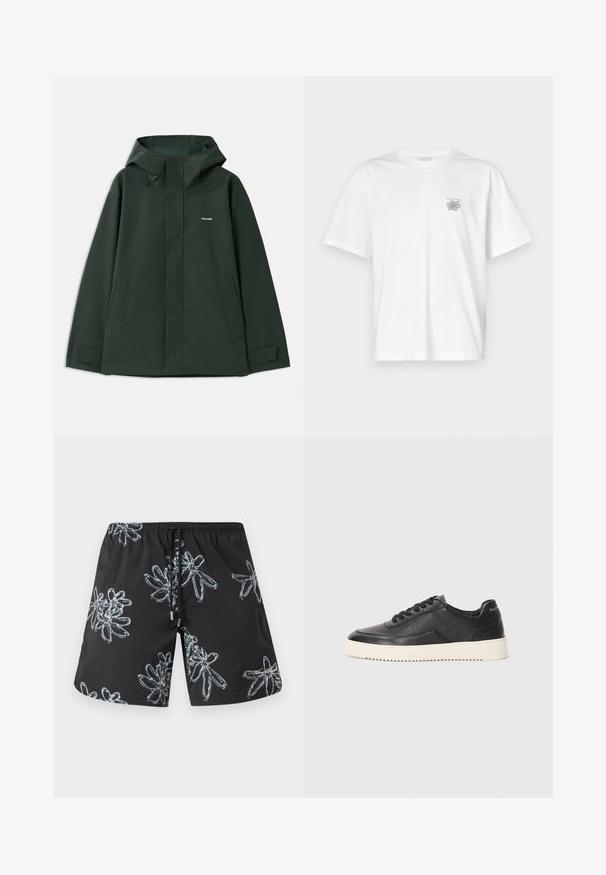 Πράσινο αδιάβροχο μπουφάν με κουκούλα, που διαθέτει μπροστινό φερμουάρ, δύο πλαϊνές τσέπες και ένα μικρό λογότυπο στο στήθος. Λείος υφασμάτινος χαρακτήρας.; Λευκό μπλουζάκι από βαμβάκι με κοντά μανίκια, στρογγυλή λαιμόκοψη και μικρό γκρίζο λογότυπο στην αριστερή περιοχή του στήθους. Λείο υφασμά.; Μαύρες μαγιό κοντές βερμούδες με γυαλιστερό floral σχέδιο σε ανοιχτό γκρι. Ελαστική μέση με κορδόνι και λεπτομέρεια λογότυπου στη δεξιά κάτω γωνία.; Μαύρο δερμάτινο sneaker με υφή, στρογγυλή μύτη και επίπεδη λευκή καουτσούκ σόλα. Διαθέτει μαύρες δέσιμο και λογότυπο στη φτέρνα.