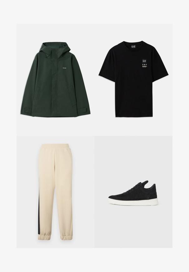 Zelena nepremočljiva jakna s kapuco, ki ima sprednji zadrgo, dve stranski žepi in majhen logotip na prsih. Gladka tekstura.; Črna bombažna majica s kratkimi rokavi, okroglim izrezom in majhnim logotipom spredaj, ki vključuje simbole za nego v beli barvi.; Kremne kulot hlače z črnimi stranskimi črtami, elastičnim pasom in rebrastimi manšetami. Mehka tkanina z udobnim krojem.; Črne semiš športne copate z belo gumijasto podplatom, ki imajo toneče šive in vezalni dizajn. Gladka tekstura z modernim, poenoteno oblikovano silhueto.
