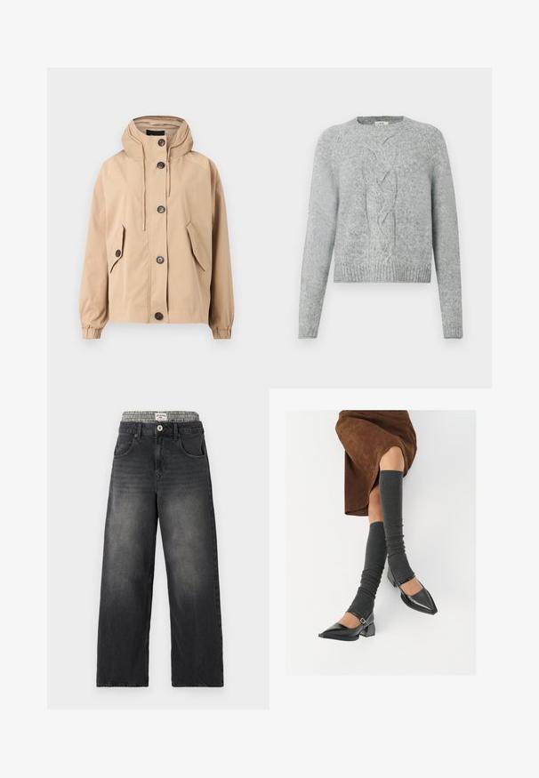 Veste beige à capuche avec une coupe décontractée. Dispose de quatre poches avant, de fermetures à boutons et de poignets élastiques. Tissu lisse avec une finition mate.; Pull en tricot gris clair avec des manches longues, un col rond et un motif de tricot en forme de câble au centre devant.; Jeans large en denim noir avec une ceinture à motif pied-de-poule. Comprend des poches avant et une fermeture à bouton. Texture déchirée.; Chaussures à bout pointu en cuir verni noir avec un talon bloc et une bride à la cheville, accompagnées de jambières en maille grise et d'une jupe en daim marron.