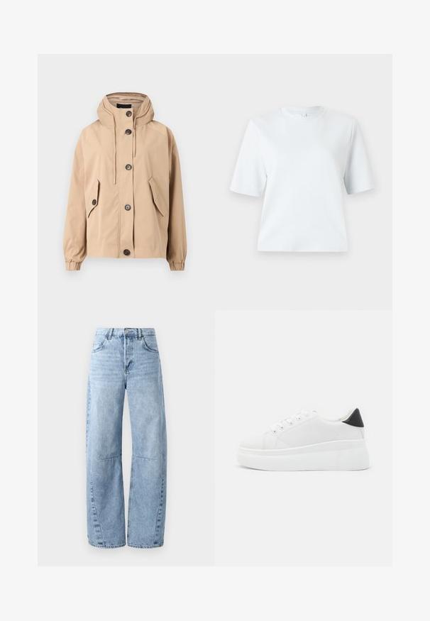 Bežan, kapuča jakna s ležernim krojem. Ima štiri sprednje žepe, gumbna zapirala in elastične manšete. Gladek material z mat površino.; Svetlo modra kratka majica z napolnjenimi rokavi, izdelana iz mehkega bombaža. Ima klasičen okrogli izrez in sproščen kroj, brez vzorcev ali dodatkov.; Svijetloplave široke traperice s visokim strukom, koje imaju pet džepova i neznatno izblijedjele dijelove. Na nogavicama su vidljive šavove i šavovi.; Bele platform tenisice izdelane iz gladkega sintetičnega materiala, z zaobljenim prstom, sistemom vezalk in teksturiranim gumijastim podplatom. Črn dodatek na peti.