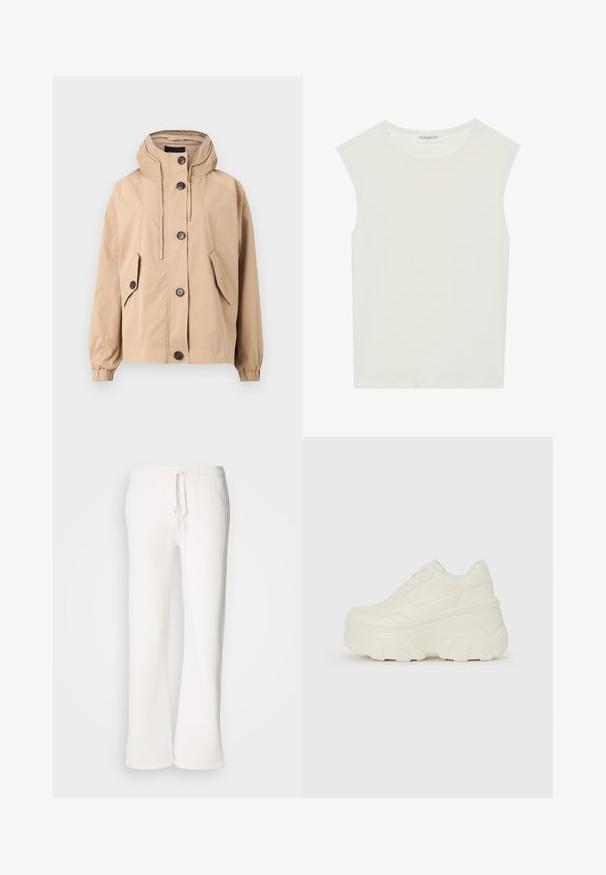 Beige színű, kapucnis dzseki lazább szabással. Négy elülső zsebbel, gombos záródással és elasztikus mandzsettákkal rendelkezik. Sima anyag, matt felülettel.; Fehér ujjatlan felső, kerek nyakkivágással. Simább anyagból készült, laza fazonnal és minimalista kialakítással rendelkezik. Nincsenek minták vagy díszítések.; Fehér, laza szabású melegítőnadrág, puha anyagból készült, rugalmas derékkal és zsinórral, egyenes szárú kialakítással.; Fehér platform sportcipők, sima bőrszerű felsőrésszel, kerek formával, párnázott bokával és texturált gumitalppal, jól definiált mintázattal.