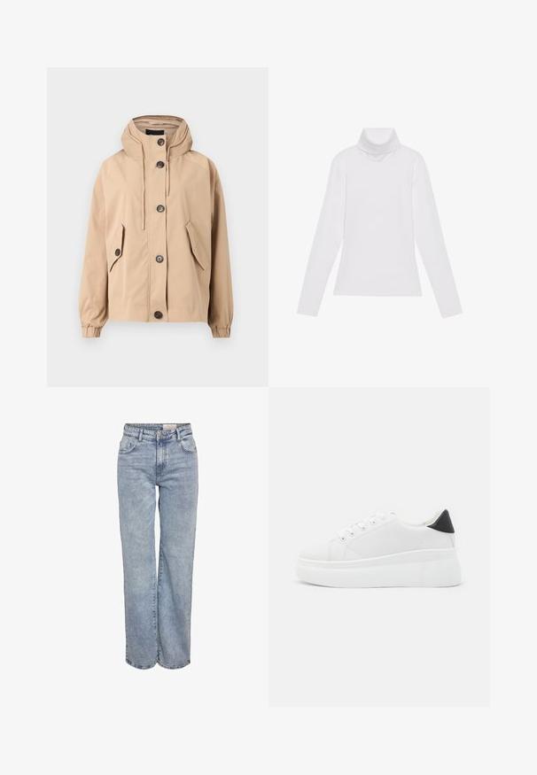 Beige, hooded jacket with a relaxed fit. Features four front pockets, button closures, and elastic cuffs. Smooth fabric with a matte finish.; White long-sleeve turtleneck top made of smooth, stretchy fabric. Features a high collar and fitted design, with no visible patterns or embellishments.; Light blue wide-leg jeans made from denim, featuring a high waist, five-pocket design, and subtle fading for a worn-in look.; White platform sneakers made of smooth synthetic material, featuring a rounded toe, lace-up design, and a textured rubber sole. Black heel accent.