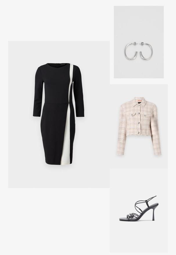 Lühendatud jakk beeži ja kreemjas säbrulises kangas, millel on hõbedased nööbid, kaks rinna taskut ja lõhenenud äär. Tekstuuriga muster üle kogu jaku.; Musthave mustriga mustri varrukatega must kleit, millel on valge kaldu triip. Valmistatud siledast kangast, talje kohandamiseks ja põlvekõrgune disain.; Mustad musta värvi kontsandaalid on varustatud peente rihmadega, millel on sõlmekujundus, siledad ruudukujulised varbad ja stiilne stilettokonts.; Helehall metallik handbags, millel on kett, kaunistatud väikeste ümmarguste metallist õmblustega ja kolmnurkse brändi logoga.; Hõbedased rõngaskõrvarõngad, millel on sile ja läikiv pind. Ümar kuju, kerge disain, millel on post-tagumise kinnituse süsteem.