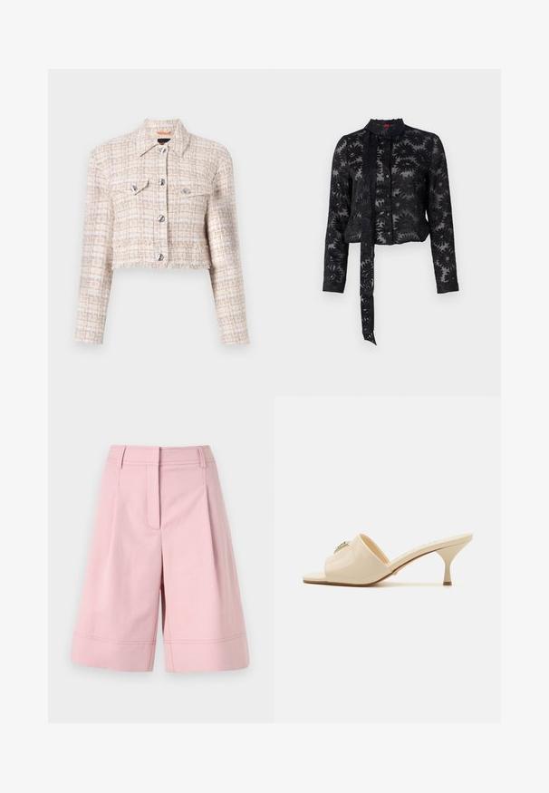 Kroptas švarkas smėlio ir grietinėlės spalvų tweed medžiagoje, su sidabro spalvos snapeliais, dviem krūtinės kišenėmis ir nusidėvėjusiu kraštu. Visas paviršius padengtas tekstūruotu raštu.; Juoda skaidri bluzonė su siuvinėtu gėlių raštu, ilgos rankovės, mygtukų priekyje ir kaklo užtrauktuku. Textūruotas audinys, trumpas kirpimas.; Šviesiai rožiniai šortai, pagaminti iš medvilnės mišinio, su aukštu liemeniu, klostėmis ir apdailinta apačia su matomais siuvimo detalėmis.; Smėlio spalvos patentuotas odinis atviras mules tipo sandalai su žemu stiletto kulnu. Zentralinis dekoratyvinis akcentas priekyje. Lygi, blizgi apdaila.