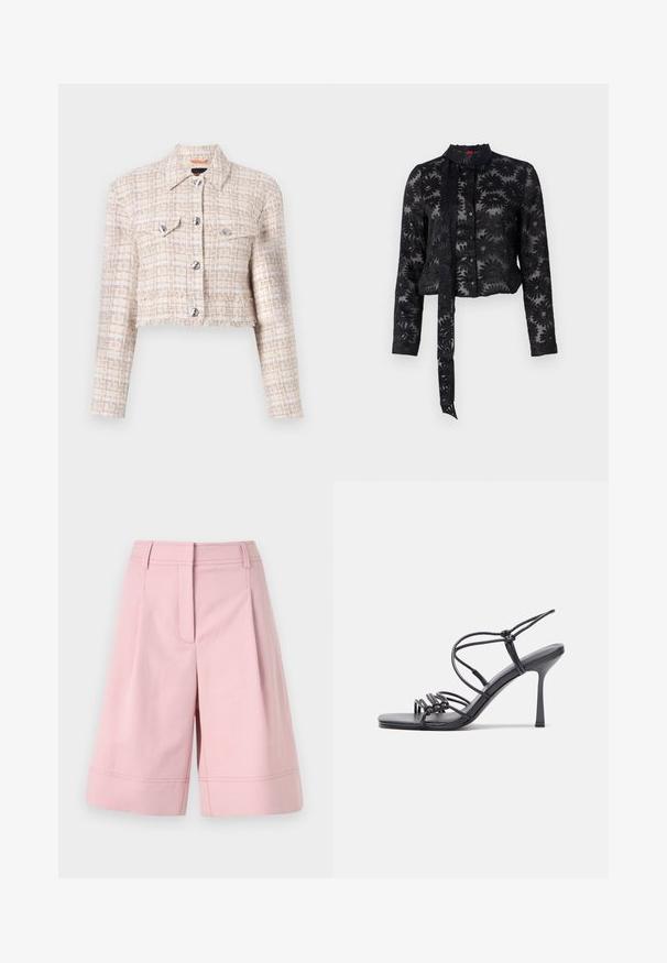 Krátká bunda v béžovém a krémovém tweedu s kovovými patentkami, dvěma kapsami na hrudi a roztrhaným lemem. Celoplošný texturovaný vzor.; Černá průhledná blůza s vyšívaným květinovým vzorem, dlouhými rukávy, knoflíkovou přední částí a zavazováním kolem krku. Texturovaná látka, zkrácený střih.; Svetle růžové šortky vyrobené z bavlněné směsi, se zvýšeným pasem, sklady a zakončením se viditelným prošitím.; Černé high-heeled sandály mají tenké pásky s uzlovým designem, hladký čtvercový špičku a elegantní jehlový podpatek.