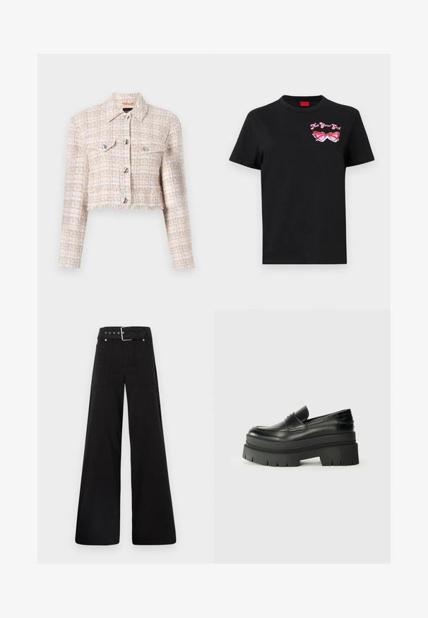 Giacca corta in tweed beige e crema, con bottoni a pressione argentati, due tasche sul petto e orlo sfilacciato. Motivo testurizzato su tutta la superficie.; T-shirt in cotone nero con maniche corte, caratterizzato da una grafica rosa di occhiali da sole e la scritta "Non tua ragazza" sulla parte sinistra del petto.; Pantaloni neri a gamba larga realizzati in cotone, con vita alta, ampie tasche laterali e vita con cintura arricchita da dettagli in metallo argentato.; Mocassini neri in pelle con suola piatta spessa. Punta arrotondata, dettaglio della cucitura frontale e accenti di cucitura sottili. Suola piatta e testurizzata.