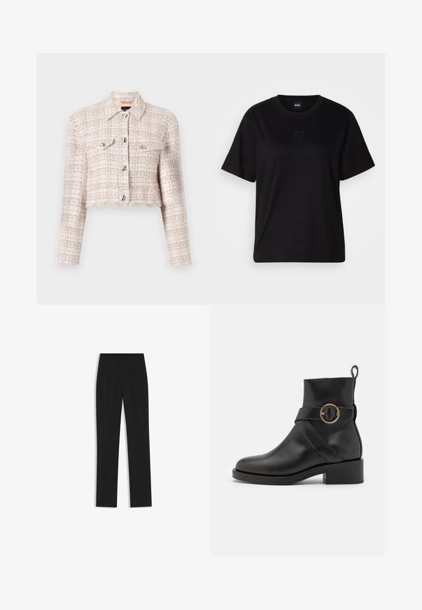 Cropped jacket in beige and cream tweed, featuring silver snap buttons, two chest pockets, and a frayed hem. Textured pattern throughout.; Black cotton t-shirt with a crew neckline, short sleeves, and an embroidered logo on the chest. Simple, relaxed fit with no patterns.; Black tailored trousers with a straight-leg design, featuring front pockets and a smooth, textured fabric. Neat, minimal detailing.; BOSS IRYNA BOOTIE - Platform ankle boots - black