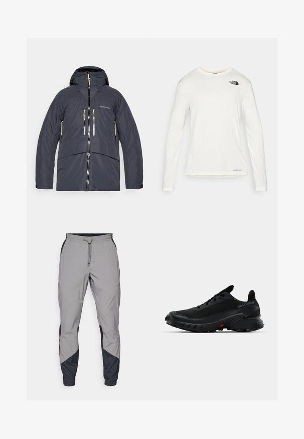 Meeste isoleeritud jakk tumesinises värvitoonis, millel on kapuuts, kahepoolne lukuga taskud ja kontrastsed kollased aktsendid lukustel ja kummipaeladel.; Valge pika varrukaga särk ümmarguse kaelusega, tekstuuriga kangas, must logo vasakul õlal ja peen bränding alt. ; Kergedatud hallid sportlikud püksid mustade aktsentidega. Elastne vöökoht, stringiga sulgemine, kitsenev jala disain ja küljetaskud.; Mustad mustes spordijalatsid tekstureeritud pealmise osaga, ümarate varvastega ja silmapaistva kummise alusega. Küljel on logo ning tallal punased detailid.