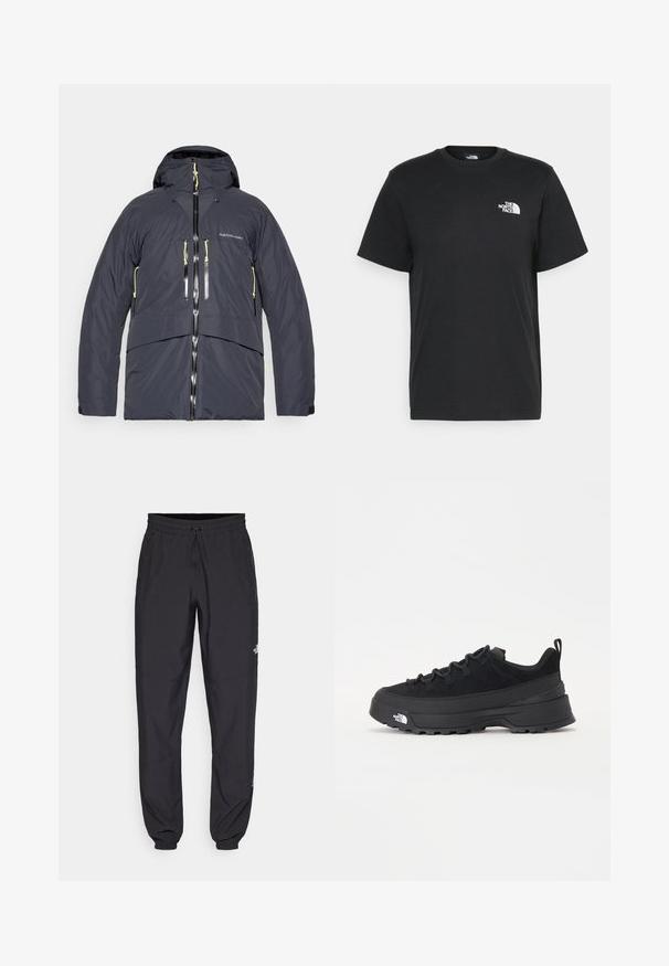 Heren geïsoleerde jas in donkergrijs, voorzien van een capuchon, dubbele ritszakken en contrasterende gele accenten op de ritsen en koordjes.; Zwarte katoenen T-shirt met korte mouwen, ronde hals en een klein wit logo op de linkerkant van de borst. Eenvoudig ontwerp, gladde textuur en een comfortabele pasvorm.; Zwarte sportieve broek gemaakt van lichtgewicht stof, met een trekkoord in de taille, zijzakken en taps toelopende boorden bij de enkels.; Zwarte outdoor sneaker met een suede bovenkant, een gestructureerde rubberen zool en een stevig vetersysteem. Heeft een versterkte hiel en een merklogo aan de zijkant.