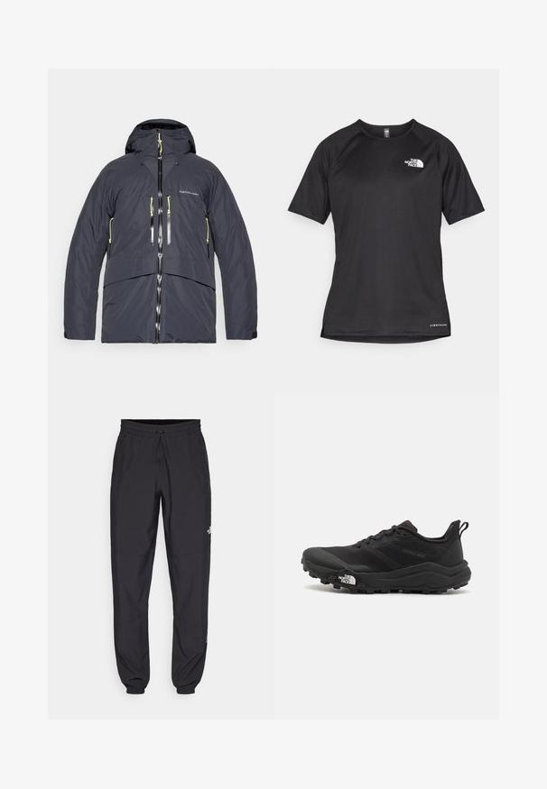 Casaco para homem isolado em cinza escuro, com capuz, bolsos com fecho duplo e detalhes amarelos em contraste nos fechos e cordões.; Camisa atlética preta de manga curta com um tecido texturizado, apresentando um logotipo branco no peito esquerdo e uma bainha reta.; Calças atléticas pretas feitas de tecido leve, com um cós ajustável por cordão, bolsos laterais e punhos afunilados nos tornozelos.; Sapatilha de trail running preta com um upper texturizado, sola de borracha e biqueira reforçada. Possui um colarinho acolchoado e uma alça para facilitar o calçar.