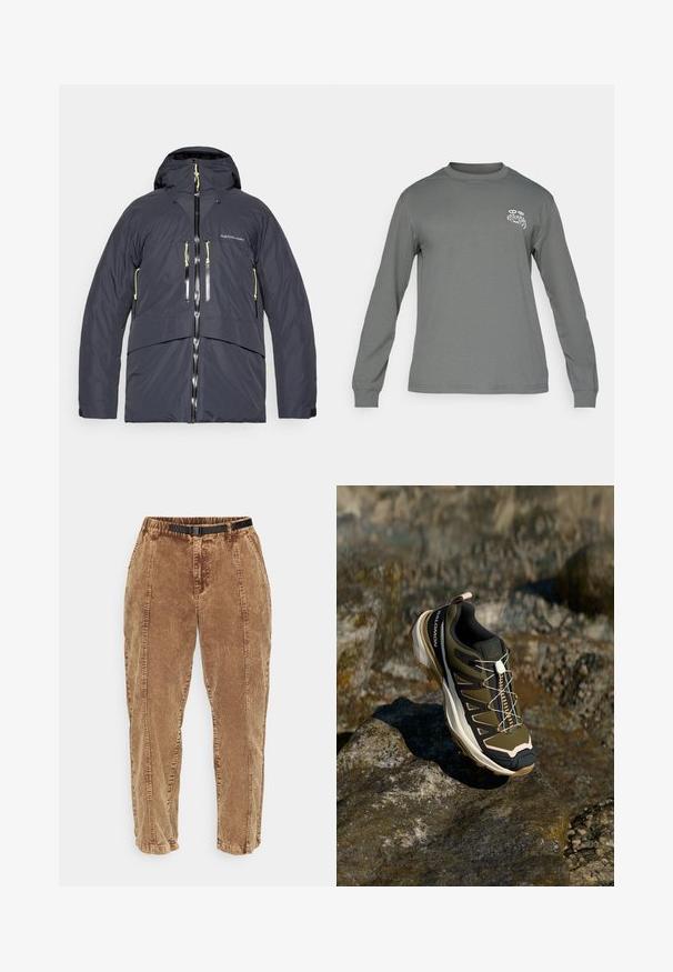 Vīriešu izolēts apģērbs tumši pelēkā krāsā ar kapuci, dubultām rāvējslēdzēja kabatām un kontrastējošiem dzelteniem akcentiem uz rāvējslēdzējiem un auklām.; Garā piedurkne krekls pelēkā audumā ar apaļu kaklu un baltu grafisko logotipu kreisajā krūtī. Gluda tekstūra un vienkāršs dizains.; Brūni akordeona auduma bikses ar teksturētu virsmu, pievienotu melnu regulējamu jostu, sānu kabatām un brīvu piegriezumu. Bikses sašaurinās virzienā uz potītēm.; Tūrisma apavi olīvzaļā un melnā krāsā ar rozā akcentiem. Iespējas ietver teksturētu virsu, elastīgu zoli, pastiprinātu purngalu un krāsainu šņorējuma sistēmu.