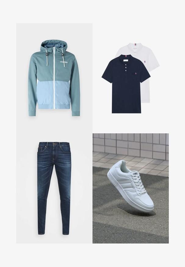 Jack & Jones JJERUSH HOOD - Szabadtéri dzseki - blau; Két pólóing: az egyik sötétkék, a másik fehér, mindkettőn kicsi piros, fehér és kék díszítés található a mellzsebből és a galléron.; Sötétkék farmernadrág, testhezálló fazonnal, finom áttűnéssel, öt zsebbel és fémből készült gombzárral. Kontrasztos színű varrási díszítések.; Fehér sportcipő sima bőr felsőrésszel, fűzős elülettel, perforált orral és mintázott talppal. Minimalista dizájn három oldalsávval.