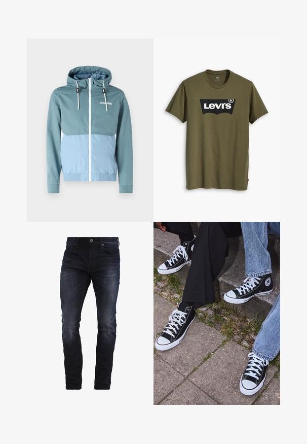 Jack & Jones JJERUSH HOOD - Āra jaka - blau; Olivzaļš kokvilnas T-krekls ar lielu melnu Levi's logotipu kontrastējošā pusloka formā krūtīs. Parasts piegriezums.; Tumši zilie piegulošie džinsi ar nelielu izbalēšanu gurnos un ceļos, ar priekšējām kabatām, jostas cilpām un pogu aizdari.; Melni augstie kanvas sporta apavi ar baltām gumijas zolemi un šņorēm, ar apļa logotipu sānos, kombinēti ar džinsu un melnām biksēm.