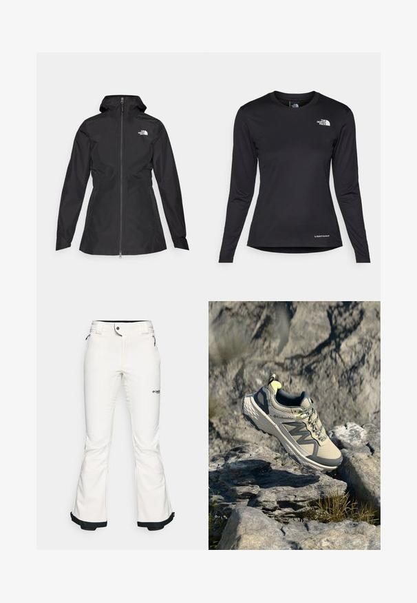 Casaco impermeável preto com fecho dianteiro, capuz ajustável e cintura ajustada. Apresenta um pequeno logótipo branco no peito.; The North Face SHADOW LONG SLEEVE - Camisola de manga comprida - black; Calças de esqui brancas feitas de um material suave e flexível. Apresenta uma cintura ajustada, pernas largas e evasê, e um acabamento preto nas bainhas. Logotipo da marca visível.; Sapatilha de trail running Columbia em bege claro e cinza. Parte superior em malha com detalhes texturizados, sola de borracha e acabamentos refletivos. Design leve.