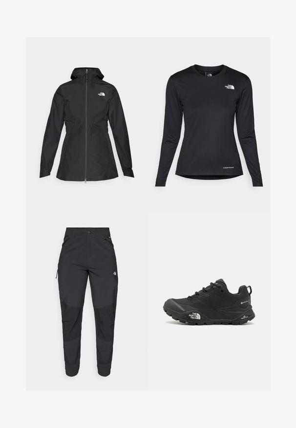 Giacca nera impermeabile con zip frontale, cappuccio regolabile e vita aderente. Presenta un piccolo logo bianco sul petto.; The North Face SHADOW LONG SLEEVE - Maglietta a manica lunga - black; Pantaloni neri da esterno realizzati in tessuto durevole. Presentano tasche con zip, pannelli rinforzati sulle ginocchia e un design a taglio dritto per la massima mobilità.; Scarpa da trekking nera con una tomaia texturizzata, chiusura con lacci e una suola di gomma spessa che presenta un logo prominente sul lato e disegni del battistrada.